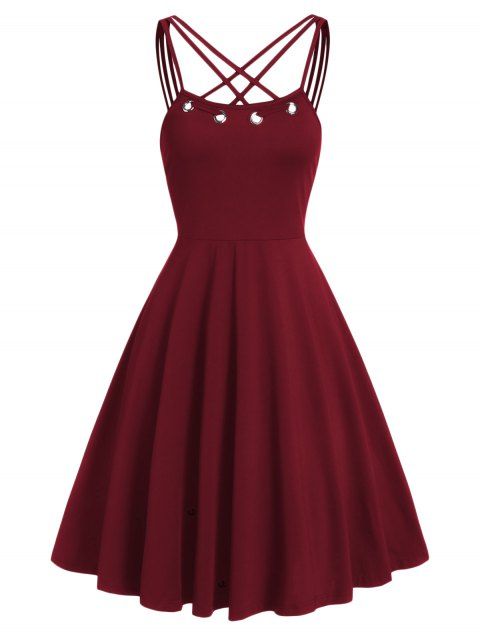 Criss Cross Grommet High Waisted Flare Cami Dress