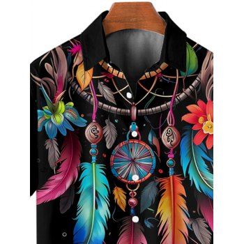 Men's Dream Catcher Pattern Vacation Shirt Roll Up Sleeve Button Up Vintage Shirt
