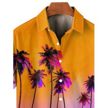 Men's Tropical Coconut Tree Pattern Ombre Hawaii Shirt Roll Up Sleeve Button Up Vacation Shirt