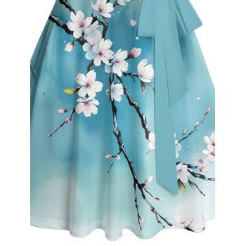 Floral Tree Branches Pattern Ombre Vacation Dress Ruched Bust Sweetheart Neck A Line Belt Dress