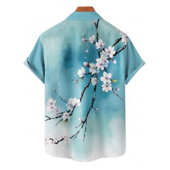 Vacation Couple Outfit Ombre Floral Tree Branches Pattern Ruched Bust Belt A Line Dress and Roll Up Sleeve Shirt Matching Outfit