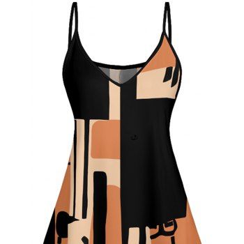 Colorblock Geometric Pattern Vacation Dress Spaghetti Strap A Line Tank Dress