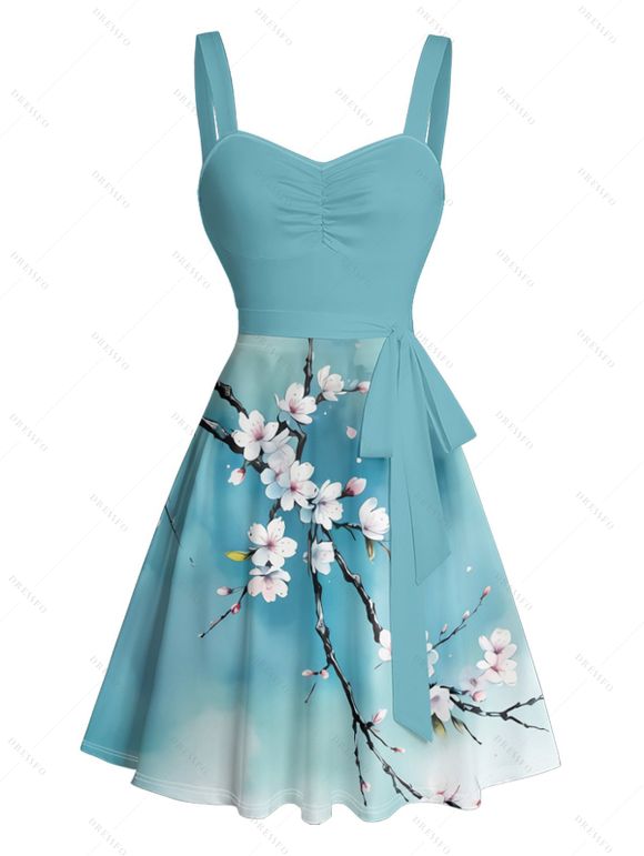 Robe de Vacances Ligne A Boutonnée Motif de Fleur et D'Arbre - Bleu clair S | US 4