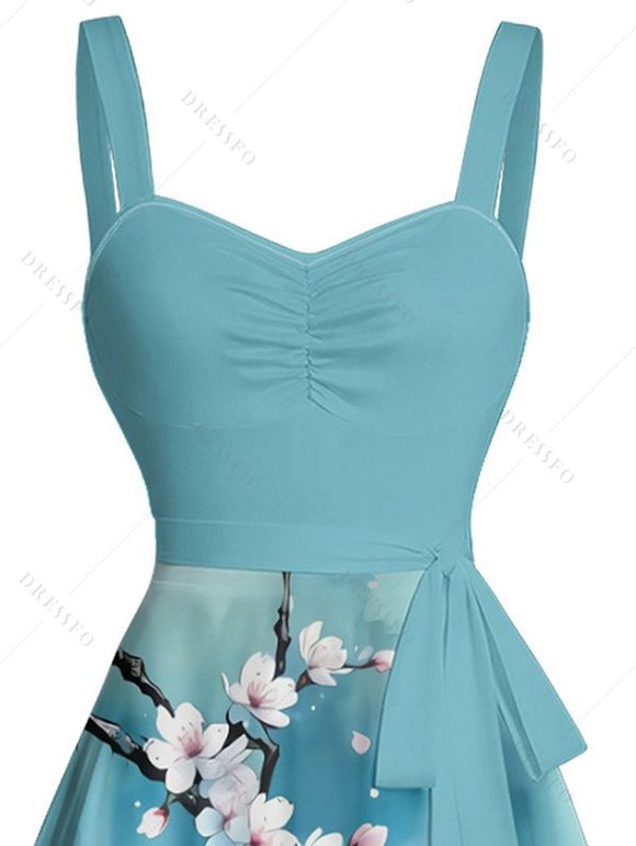 Robe de Vacances Ligne A Boutonnée Motif de Fleur et D'Arbre - Bleu clair L | US 8-10