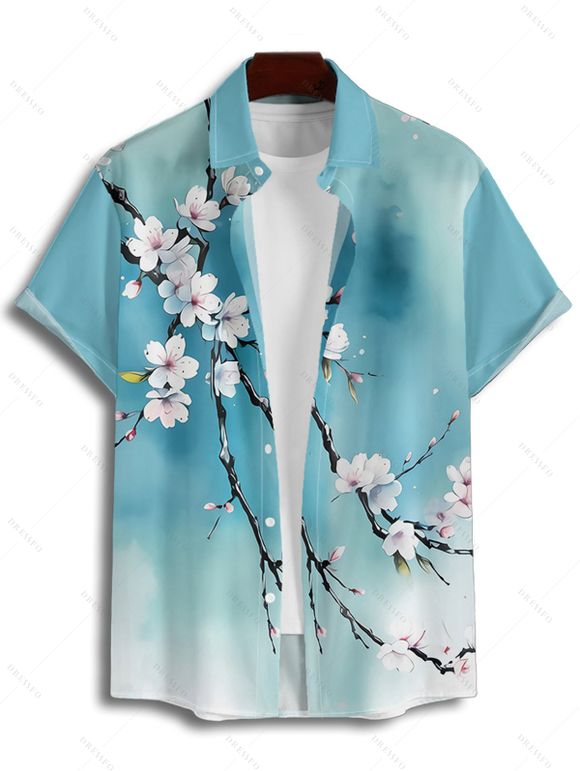 Chemise de Vacances Boutonnée Motif de Branche D'Arbre Florale à Manches Roulées pour Homme - Bleu clair L
