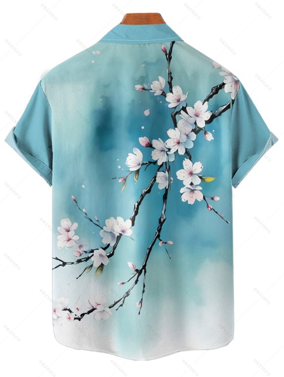 Chemise de Vacances Boutonnée Motif de Branche D'Arbre Florale à Manches Roulées pour Homme - Bleu clair L