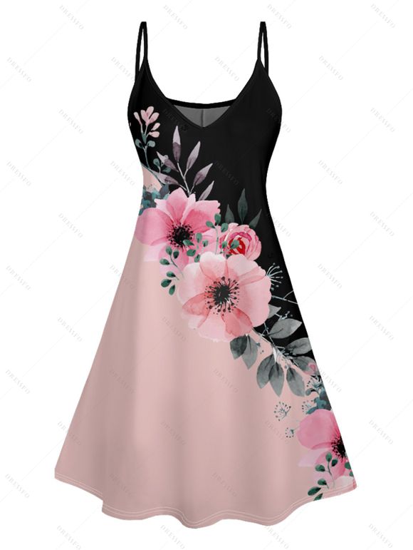 Robe Ligne A à Bretelle Fine Motif Fleuri en Couleur Contrastée à Col V - Rose clair S | US 4