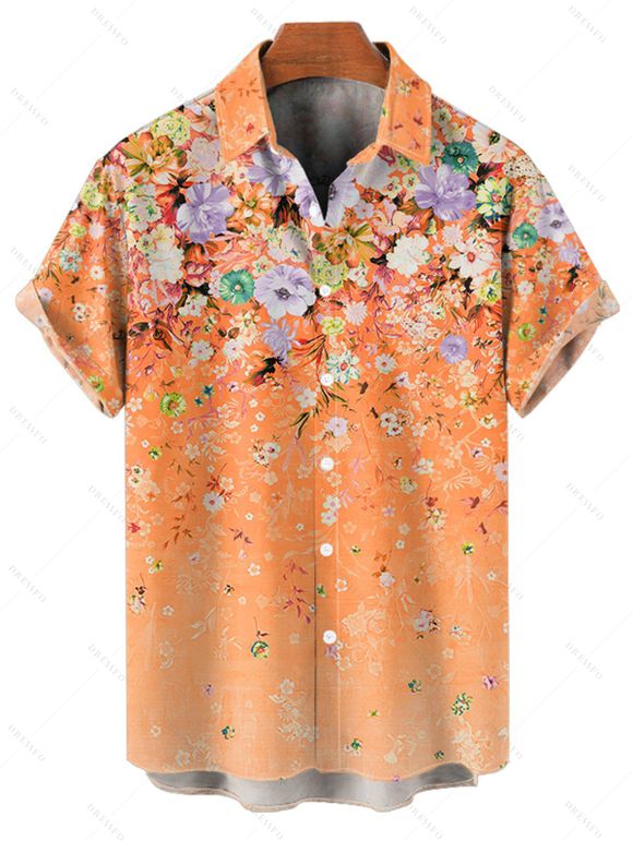 Chemise de Vacances D'Eté Fleurie Imprimée Boutonnée à Manches Roulées pour Homme - Orange Foncé 4XL