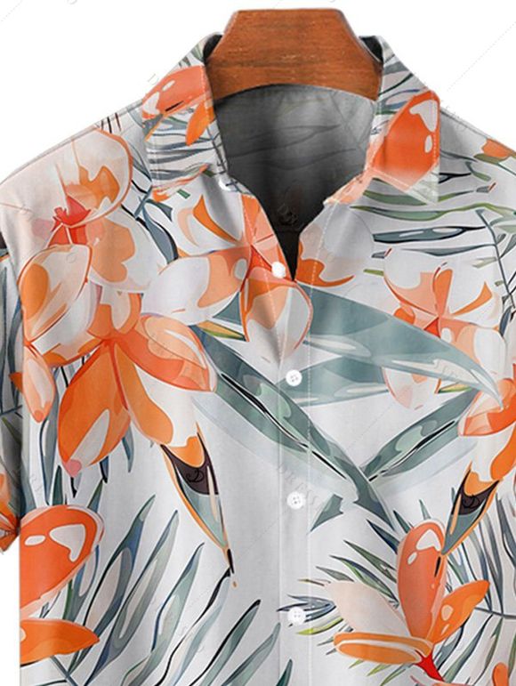 Chemise de Plage de Vacances Fleur Tropicale Imprimée Boutonnée à Manches Roulées pour Homme - Orange M