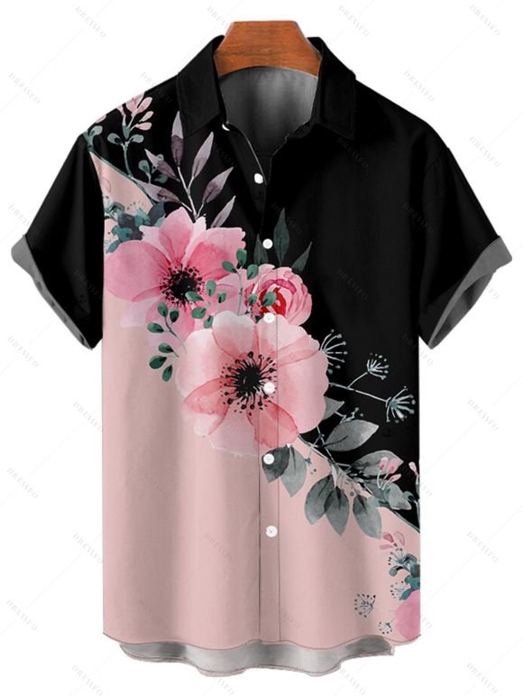 Chemise de Vacances Boutonnée Motif Fleuri en Couleur Contrastée à Manches Roulées pour Homme - Rose clair XL