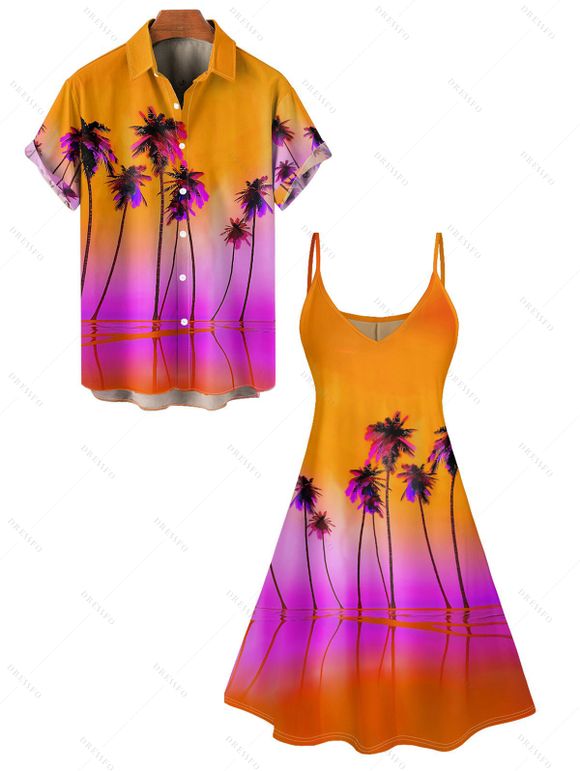 Vacation Couple Outfit Tropical Coconut Tree Pattern Ombre Spaghetti Strap A Line Tank Dress and Roll Up Sleeve Shirt Matching Outfit - Orange Foncé S | US 4