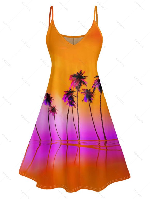 Vacation Couple Outfit Tropical Coconut Tree Pattern Ombre Spaghetti Strap A Line Tank Dress and Roll Up Sleeve Shirt Matching Outfit - Orange Foncé S | US 4