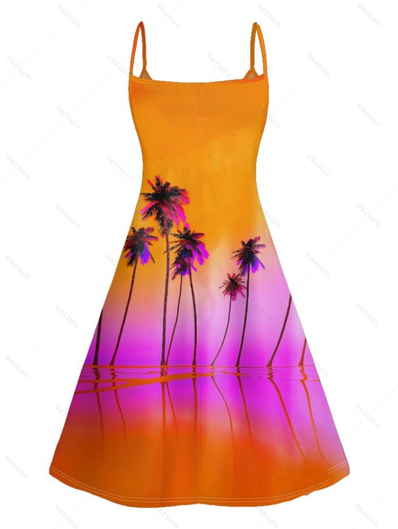 Vacation Couple Outfit Tropical Coconut Tree Pattern Ombre Spaghetti Strap A Line Tank Dress and Roll Up Sleeve Shirt Matching Outfit - Orange Foncé S | US 4