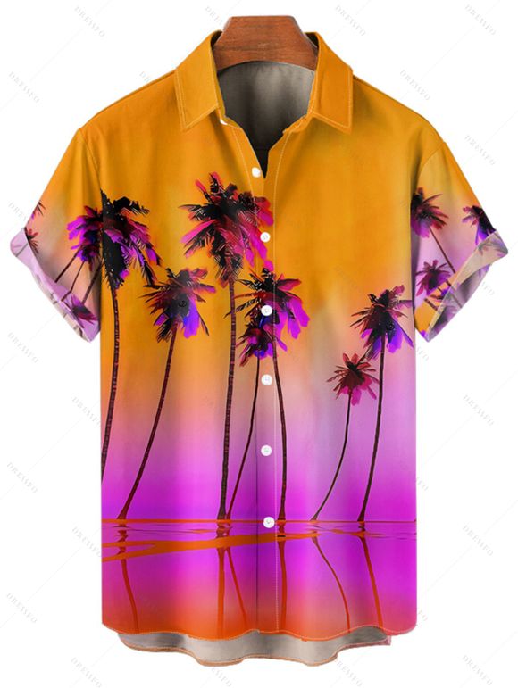 Vacation Couple Outfit Tropical Coconut Tree Pattern Ombre Spaghetti Strap A Line Tank Dress and Roll Up Sleeve Shirt Matching Outfit - Orange Foncé S | US 4