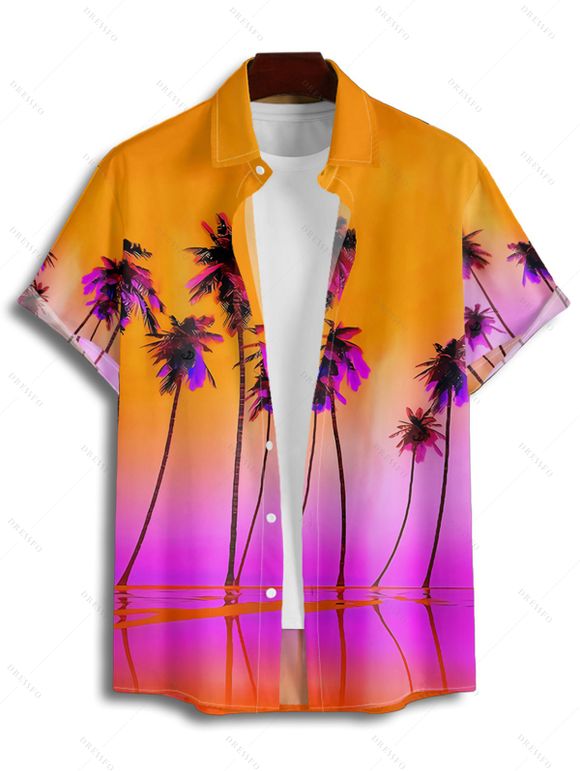 Vacation Couple Outfit Tropical Coconut Tree Pattern Ombre Spaghetti Strap A Line Tank Dress and Roll Up Sleeve Shirt Matching Outfit - Orange Foncé S | US 4