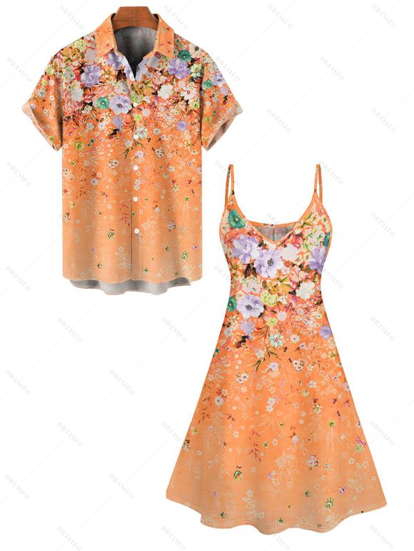 Vacation Couple Outfit Floral Pattern Spaghetti Strap A Line Tank Dress and Roll Up Sleeve Shirt Hawaii Matching Outfit - Orange Foncé S | US 4