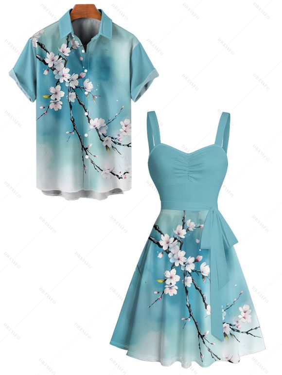 Vacation Couple Outfit Ombre Floral Tree Branches Pattern Ruched Bust Belt A Line Dress and Roll Up Sleeve Shirt Matching Outfit - Bleu clair S | US 4