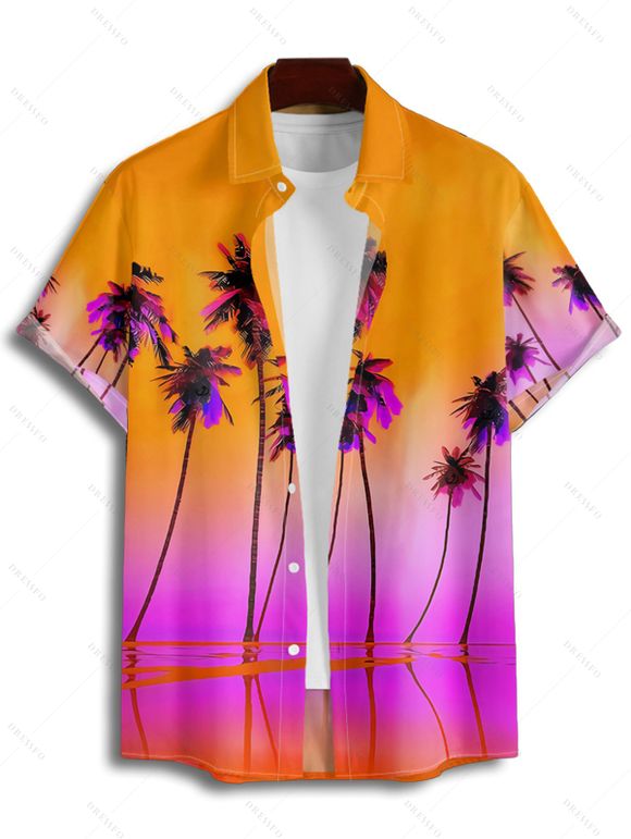 Chemise de Vacances Boutonnée Motif de Cocotier Tropicale à Manches Roulées pour Homme - Orange Foncé M