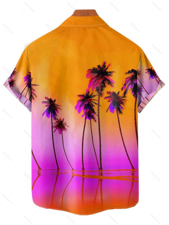 Chemise de Vacances Boutonnée Motif de Cocotier Tropicale à Manches Roulées pour Homme - Orange Foncé M