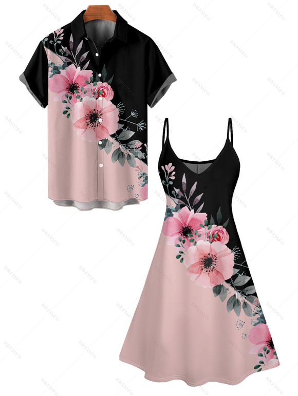 Vacation Couple Outfit Contrast Color Floral Pattern Spaghetti Strap A Line Tank Dress and Roll Up Sleeve Shirt Matching Outfit - Rose clair S | US 4