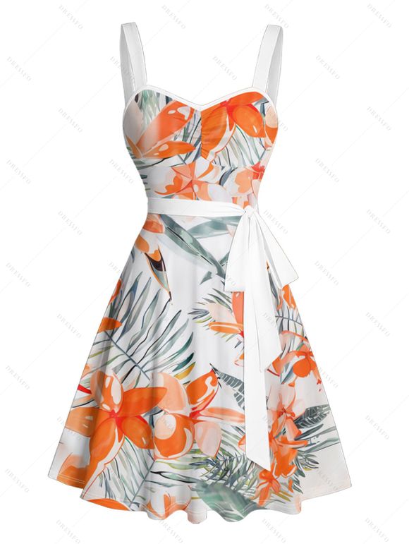 Robe de Plage Ligne A Fleurie Feuille Tropicale Imprimée Ceinturée Au Poitrine - Orange S | US 4