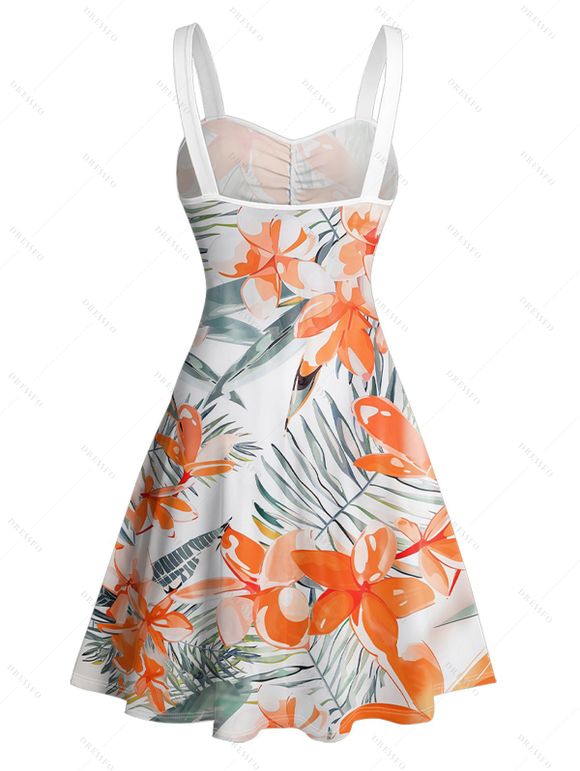 Robe de Plage Ligne A Fleurie Feuille Tropicale Imprimée Ceinturée Au Poitrine - Orange M | US 6