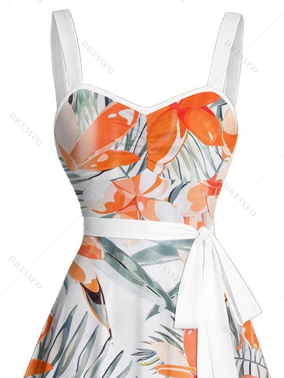 Robe de Plage Ligne A Fleurie Feuille Tropicale Imprimée Ceinturée Au Poitrine - Orange M | US 6