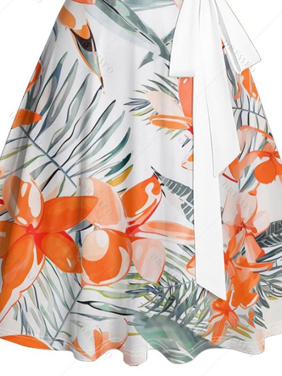 Robe de Plage Ligne A Fleurie Feuille Tropicale Imprimée Ceinturée Au Poitrine - Orange M | US 6