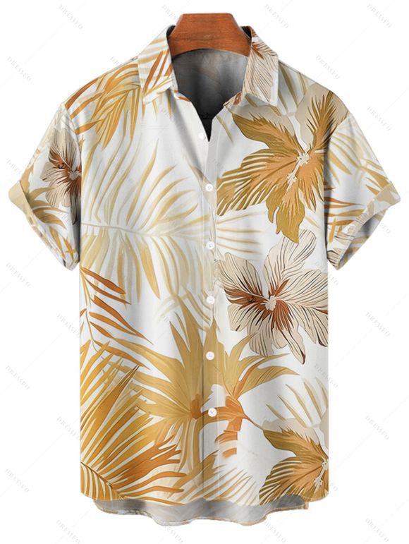 Chemise de Vacances Hawaïen Fleurie Feuille Tropicale Imprimée Boutonnée à Manches Roulées pour Homme - café lumière XL