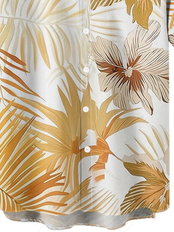 Chemise de Vacances Hawaïen Fleurie Feuille Tropicale Imprimée Boutonnée à Manches Roulées pour Homme - café lumière XL