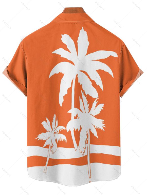 Chemise de Plage Arbre Tropical Imprimé Boutonnée en Blocs de Couleurs Manches Roulées pour Homme - Orange L