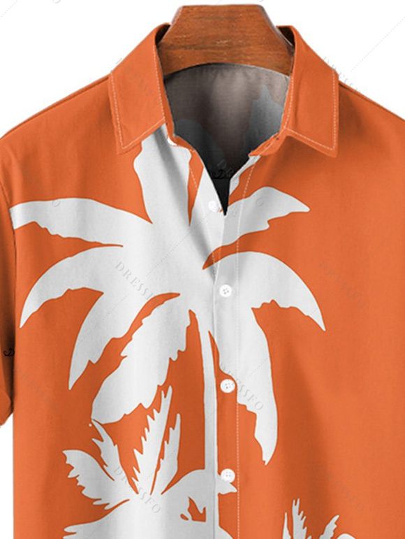 Chemise de Plage Arbre Tropical Imprimé Boutonnée en Blocs de Couleurs Manches Roulées pour Homme - Orange L