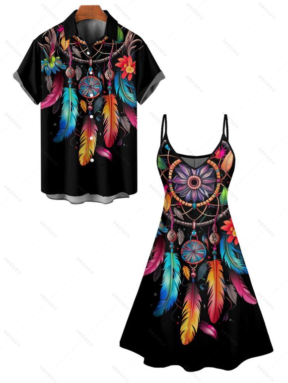 Vacation Couple Outfit Dream Catcher Pattern Spaghetti Strap A Line Tank Dress and Roll Up Sleeve Shirt Vintage Matching Outfit - Noir S | US 4