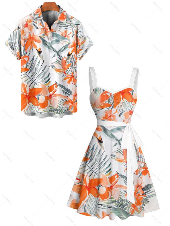 Vacation Couple Outfit Tropical Leaf Floral Print Ruched Bust Belt A Line Dress and Roll Up Sleeve Button Up Shirt Matching Outfit - Orange S | US 4