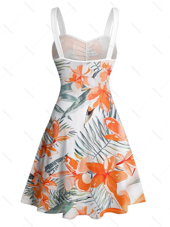 Vacation Couple Outfit Tropical Leaf Floral Print Ruched Bust Belt A Line Dress and Roll Up Sleeve Button Up Shirt Matching Outfit - Orange S | US 4