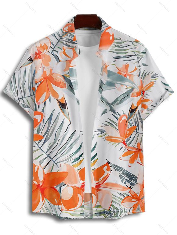 Vacation Couple Outfit Tropical Leaf Floral Print Ruched Bust Belt A Line Dress and Roll Up Sleeve Button Up Shirt Matching Outfit - Orange S | US 4