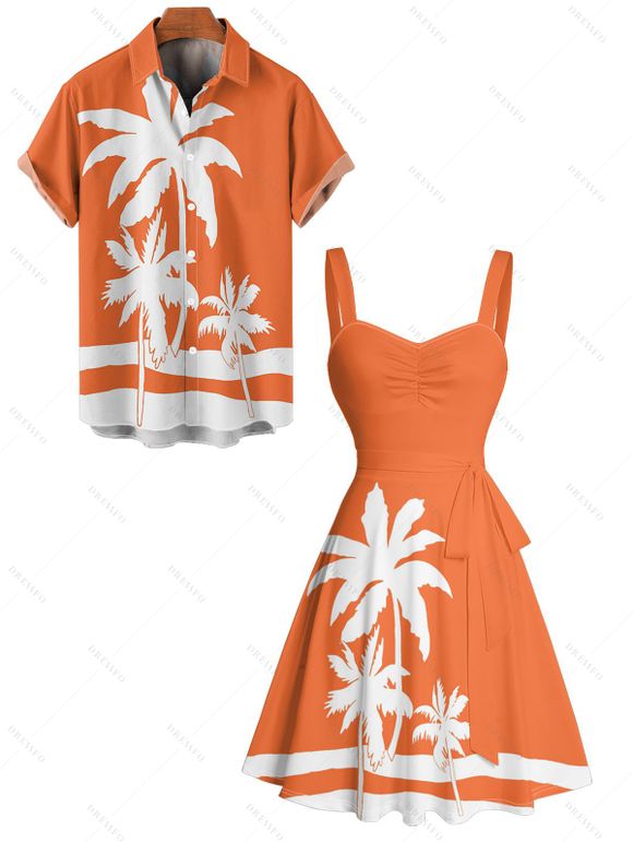 Vacation Couple Outfit Tropical Coconut Tree Print Colorblock Ruched Bust Belt A Line Dress and Roll Up Sleeve Button Up Shirt Matching Outfit - Orange S | US 4