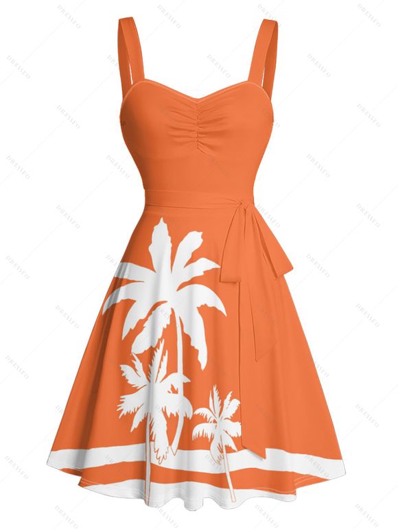 Vacation Couple Outfit Tropical Coconut Tree Print Colorblock Ruched Bust Belt A Line Dress and Roll Up Sleeve Button Up Shirt Matching Outfit - Orange S | US 4