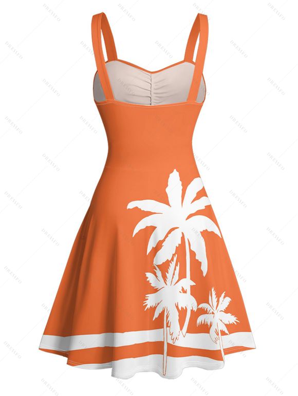 Vacation Couple Outfit Tropical Coconut Tree Print Colorblock Ruched Bust Belt A Line Dress and Roll Up Sleeve Button Up Shirt Matching Outfit - Orange S | US 4