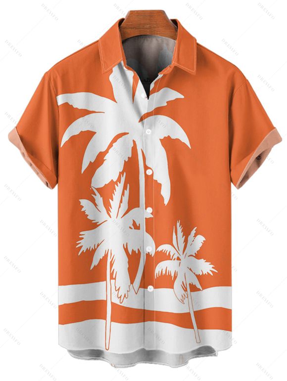 Vacation Couple Outfit Tropical Coconut Tree Print Colorblock Ruched Bust Belt A Line Dress and Roll Up Sleeve Button Up Shirt Matching Outfit - Orange S | US 4