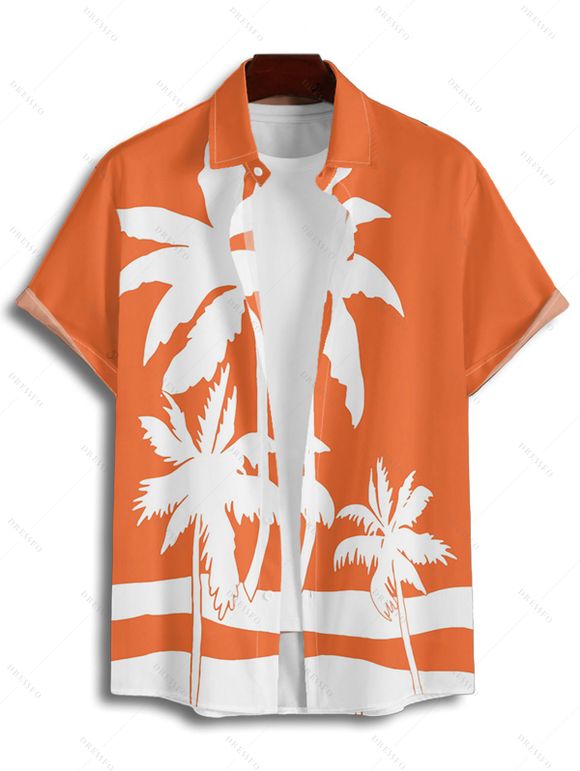 Vacation Couple Outfit Tropical Coconut Tree Print Colorblock Ruched Bust Belt A Line Dress and Roll Up Sleeve Button Up Shirt Matching Outfit - Orange S | US 4