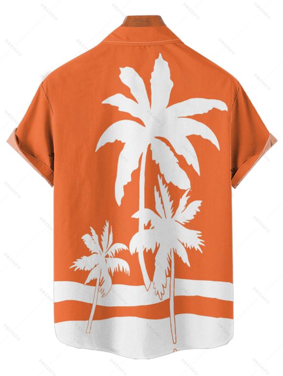 Vacation Couple Outfit Tropical Coconut Tree Print Colorblock Ruched Bust Belt A Line Dress and Roll Up Sleeve Button Up Shirt Matching Outfit - Orange S | US 4