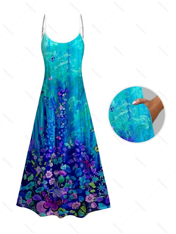 Robe Trapèze à Bretelles Spaghetti à Motif Floral avec Poches - Bleu XXL | US 14