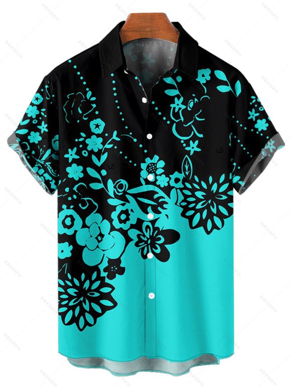 Chemise de Plage Motif de Floral en Couleur Contrastée Boutonnée Manches Roulées pour Homme - Noir 5XL