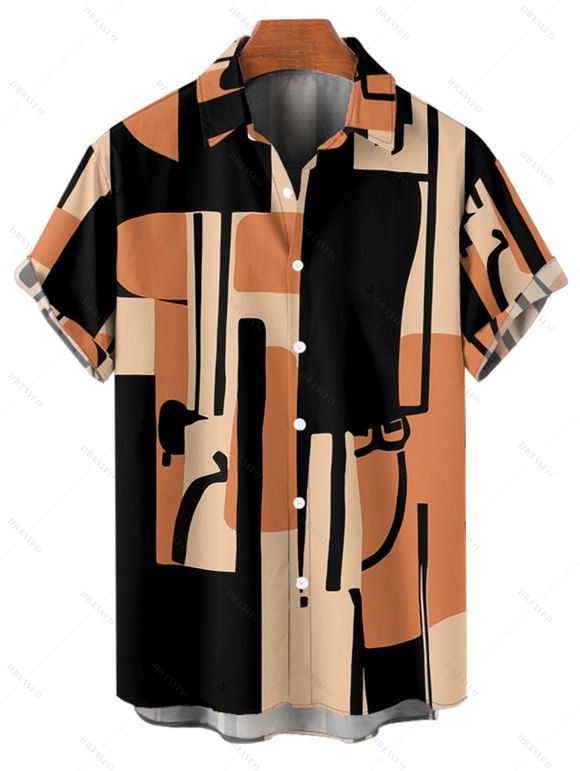 Chemise de Vacances Géométrique Imprimée en Blocs de Couleurs Boutonnée à Manches Roulées pour Homme - café XL