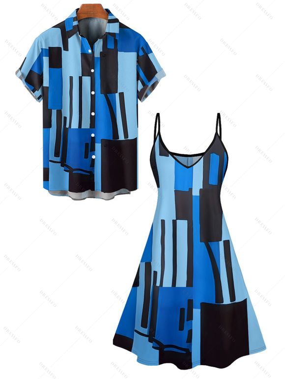 Vacation Couple Outfit Colorblock Geometric Print Spaghetti Strap A Line Dress and Roll Up Sleeve Button Up Shirt Matching Outfit - Bleu S | US 4