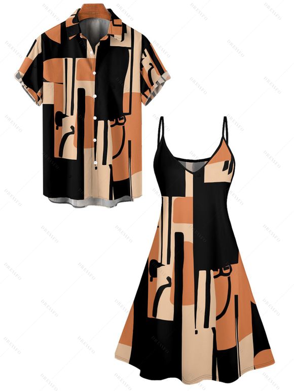 Vacation Couple Outfit Colorblock Geometric Print Spaghetti Strap A Line Dress and Roll Up Sleeve Button Up Shirt Matching Outfit - café S | US 4