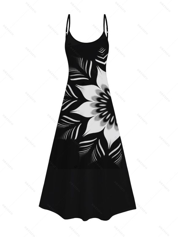 Robe Longue Vintage A Line à Bretelles Spaghetti à Motif Floral Noir et Blanc - Noir XL | US 12
