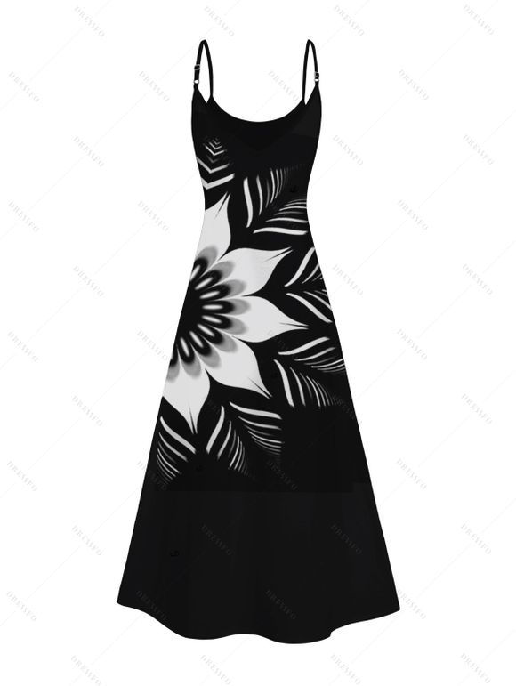 Robe Longue Vintage A Line à Bretelles Spaghetti à Motif Floral Noir et Blanc - Noir XL | US 12