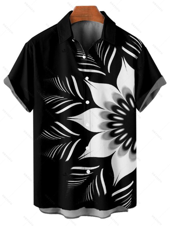 Chemise Vintage Motif de Fleur Monochrome Boutonnée à Manches Roulées pour Hommes - Noir 5XL